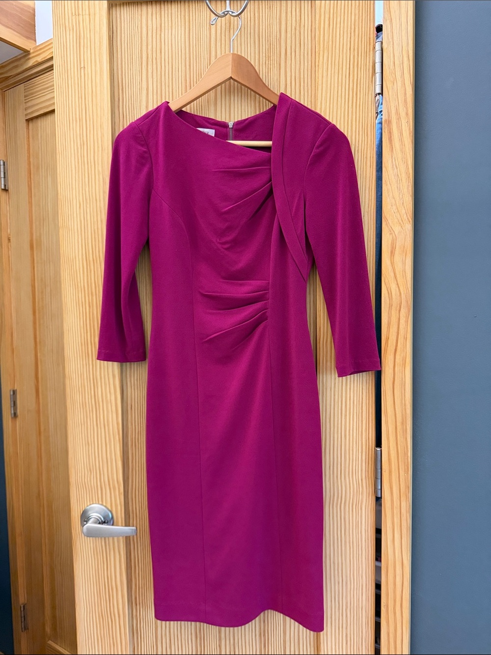 Kay Unger New York Fitted Magenta Sheath Dress with Draped Front